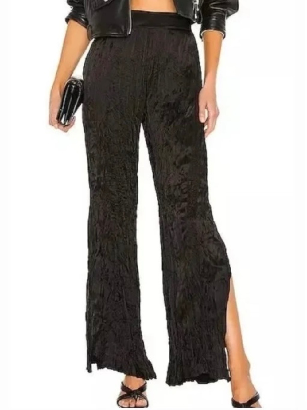 FRAME Denim Black Crinkled Silk Wide Leg Pants Side Slits Washable Silk M